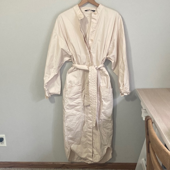 Zara Cotton Blend Midi Belted Shirt Dress, size Medium, Cream, Fall Wardrobe - Picture 2 of 7
